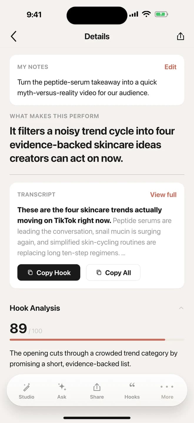 HUGE analysis screen with transcript and hook analysis, using example data