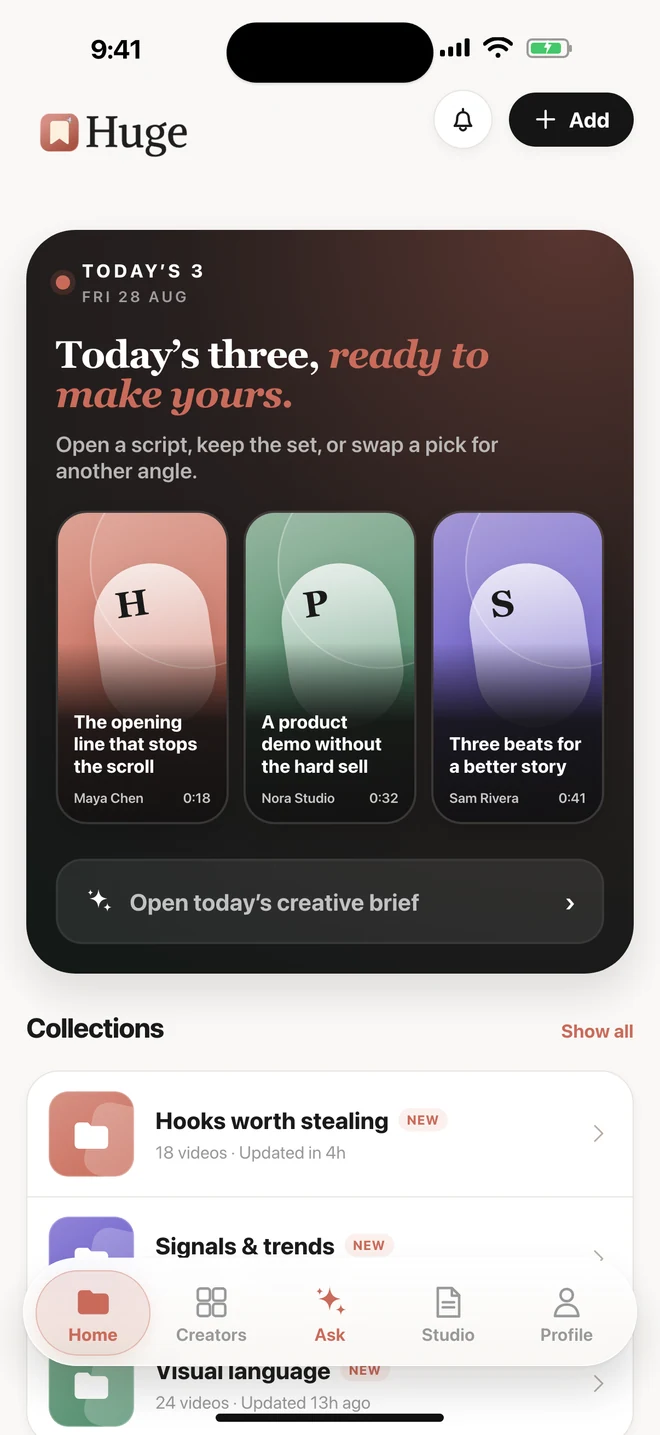 HUGE home screen showing saved inspiration with example content