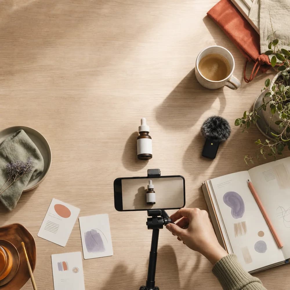 A creator's desk with a phone, notebook and filming equipment