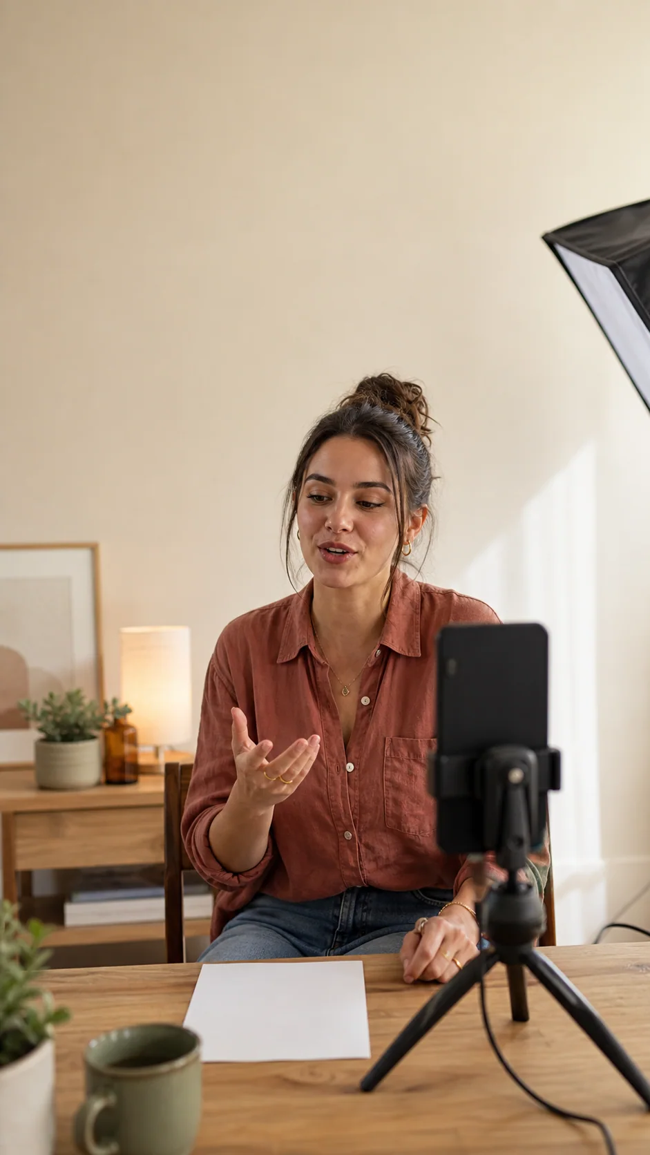 A creator recording a video with her phone in a home studio