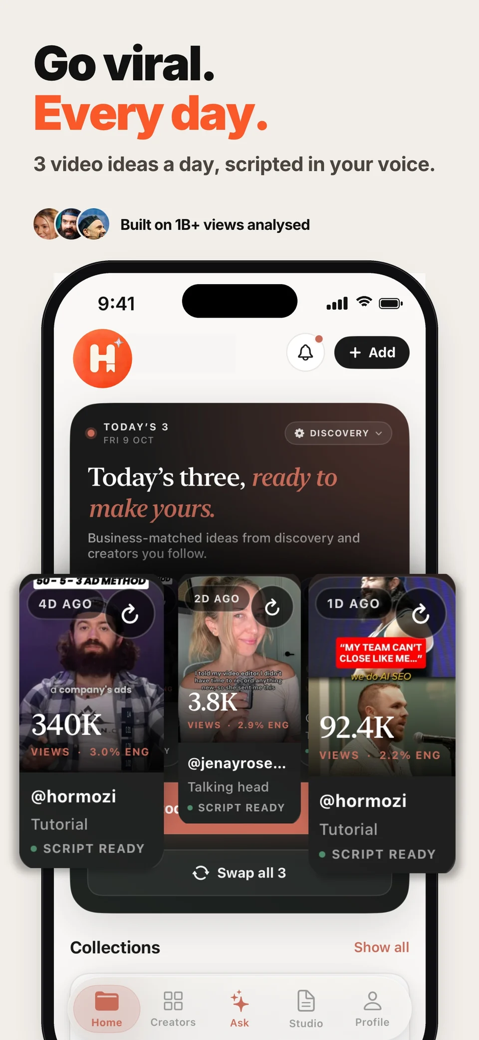 HUGE app screen showing daily ideas and saved videos
