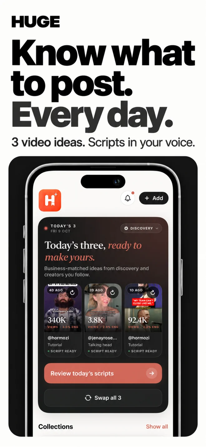 HUGE dashboard with saved videos, collections and daily content ideas