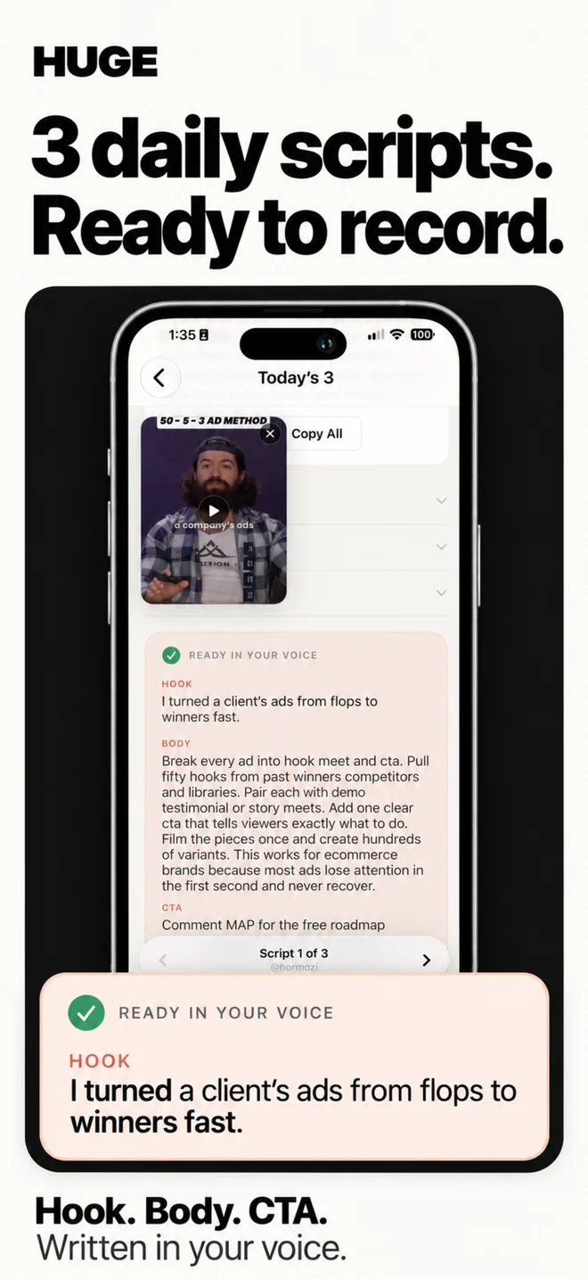 HUGE daily scripts with a hook, body and call to action ready to personalise